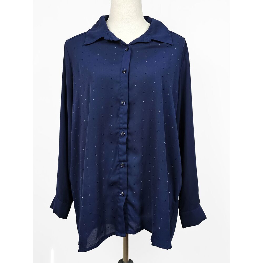 George 1X/16W Vintage Retro 90s Sparkling Rhinestone Navy Blue Semi Sheer Blouse